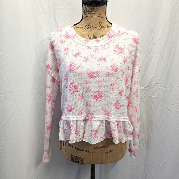 Altar'd State Tops - Altar'd State Floral Waffle Knit Peplum Top Pink White Long Sleeve sz S Boho